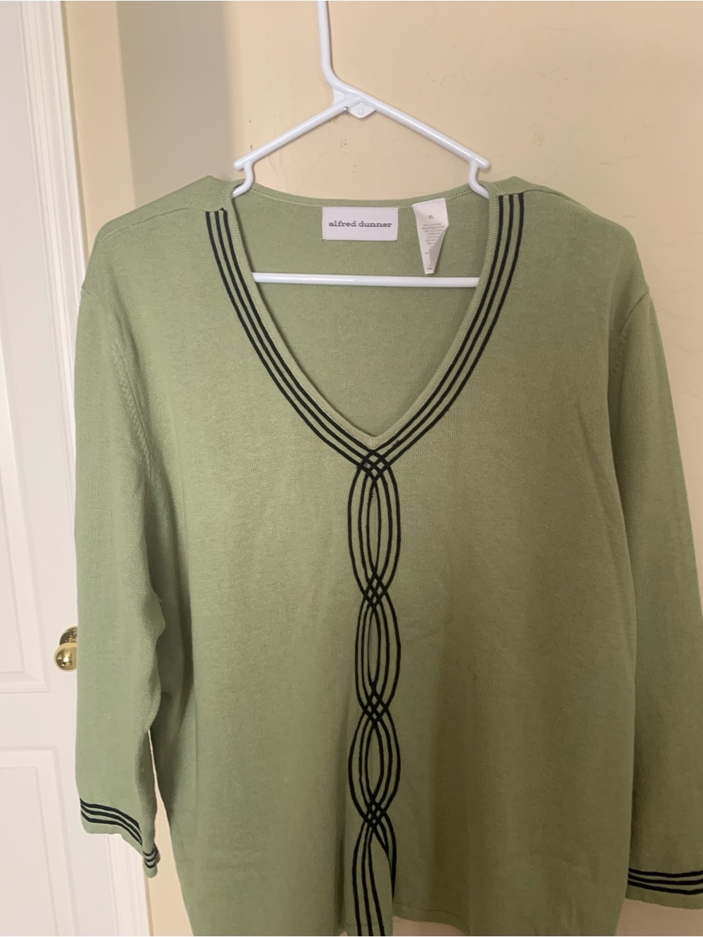 Alfred Dunner Sage Green V-Neck Sweater with Black Trim
